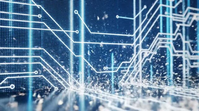 Futuristic electronic circuit board design with digital lines and circuit pathways glowing over a blue surface