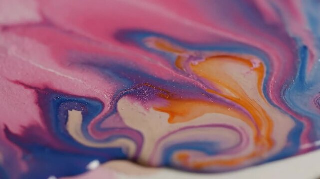Mesmerizing close-up shot of flowing vibrant pink, blue, orange, and tan acrylic paint patterns on paper