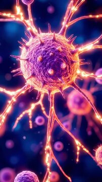 Microscopic view of an immune cell attacking a cancer cell. Suitable for medical education, scientific research, health documentaries, and oncology.