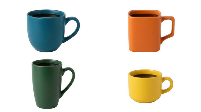 Set of four colorful ceramic coffee mugs isolated on transparent background
