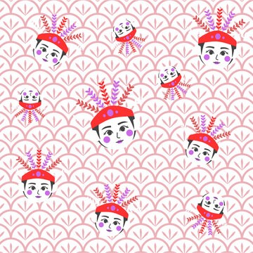 Ondel Ondel Mask Seamless Pattern with Traditional Betawi Cultural Characters, Cute Jakarta Folk Art Repeating Background for Fabric, Wallpaper and Surface Design
