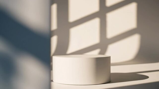Minimalist white cylinder display platform with natural sunlight window shadow backdrop for product presentation