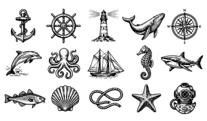 Obraz premium Vintage marine icon collection featuring sea animals nautical objects and ocean elements in engraved vector style