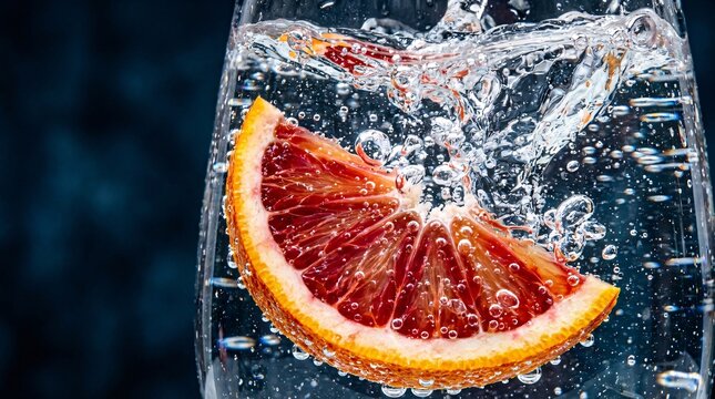 Bright vibrant blood orange slice plunging dynamically into crystal clear sparkling water, creating dense transparent bubbles and splashes.