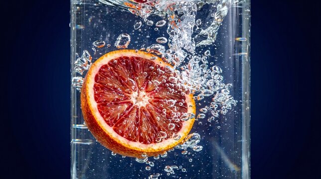 Bright vibrant blood orange slice plunging dynamically into crystal clear sparkling water, creating dense transparent bubbles and splashes.