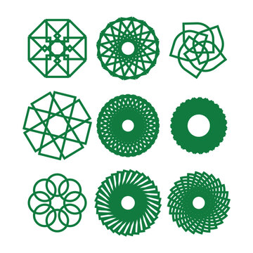 Green Spirograph Geometric Mandala Circle Outline Pattern Set Vector Illustration Collection Decorative Ornamental Design Elements on White