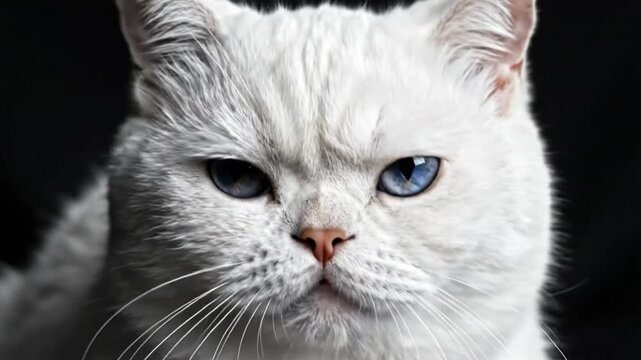 British shorthair cat with pure white fur and striking blue eyes, meowing and gazing into the camera against a black background