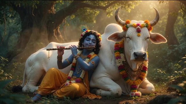 Young Lord Krishna Playing Flute with Sacred Cow in Serene Forest Sunlight