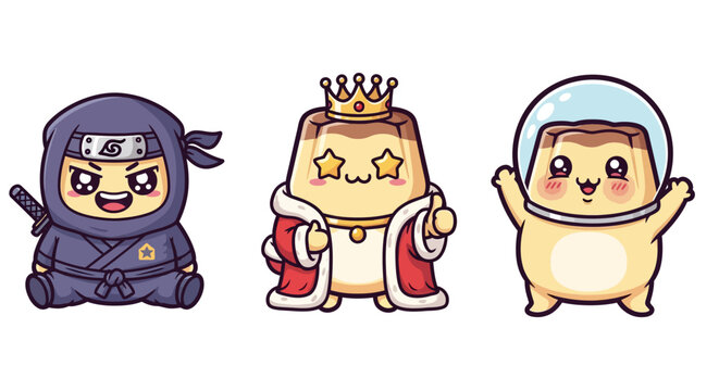 Cute cartoon characters in ninja king and astronaut costumes.