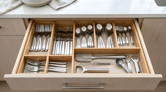 Organized Kitchen Drawer: Silverware, Cutlery, Utensils in Wooden Organizer