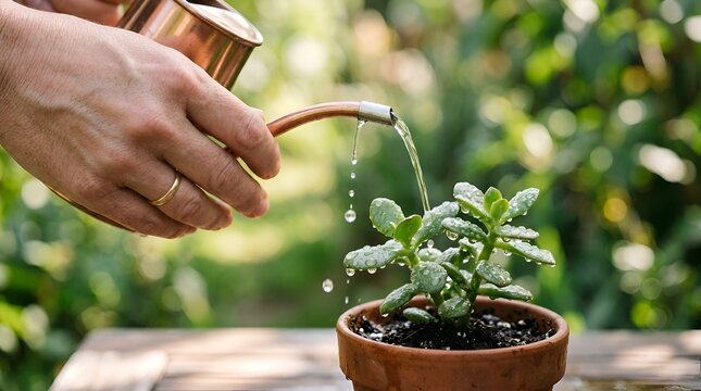 Watering succulent plant with copper watering pot, gardening