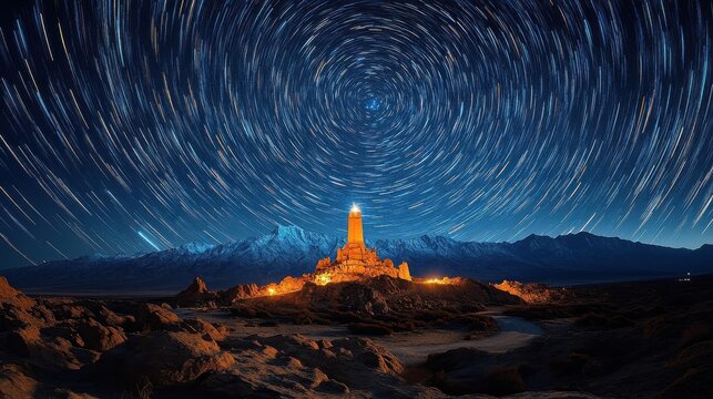Ancient Stone Tower Illuminated Under Vibrant Night Sky With Star Trails Over Rocky Desert
