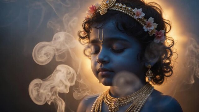 Young Krishna-like figure meditating a serene football supporters spiritual journey.
