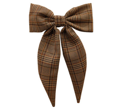 Classic brown plaid glen check hair bow with long tails, elegant vintage academy style ribbon on a transparent background