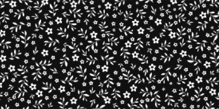 Black And White Ditsy Floral Pattern Seamless Texture Vintage Fabric Print Background