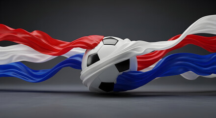 Fototapeta premium Soccer ball wrapped in flowing red, white, and blue silk ribbons on dark background, 3d render