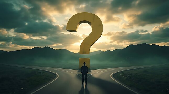 Man standing at a crossroads beneath a giant golden question mark, contemplating a difficult decision or uncertain future.