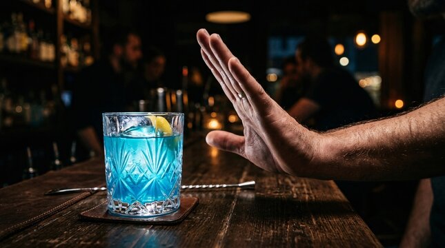 Firm hand extended in a gesture of refusal towards a heavy crystal tumbler glass filled with glowing electric blue liquid in a moody bar.