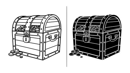Treasure Chest Pair: A graphic representation of two treasure chests, one in outline and the other as a silhouette, both overflowing with coins, symbolizing wealth and discovery. © Murshida