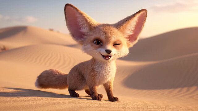 Animated Fox Character Waving Hello in Desert Dunes - A cute, animated fennec fox with large ears and a friendly, playful expression waves its paw in a sandy desert landscape.