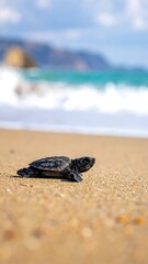 Obraz premium A small sea turtle on a sandy beach