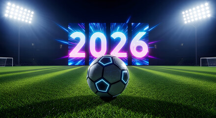 Naklejka premium Glowing neon 2026 sign and futuristic soccer ball on a professional stadium pitch at night