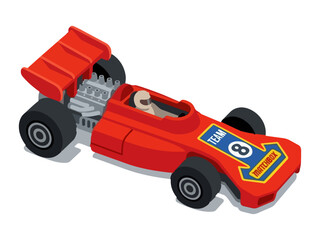Obraz premium Vector illustration of a red vintage Formula 1 race car with number 8 and Matchbox branding, isolated on white background.