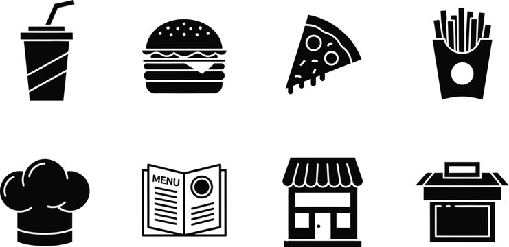 Burger, Coffee, Pizza Slice and Fries Icons Set with Minimalist Flat Vector Shapes and Copy Space