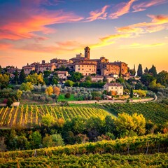 Obraz premium A picturesque Italian hilltop town with a vineyard in the foreground