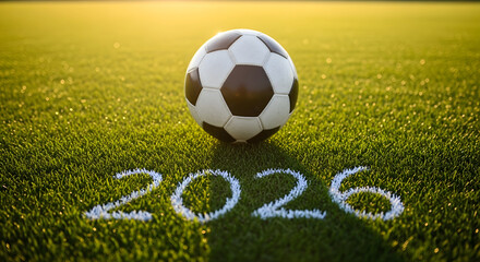 Fototapeta premium Soccer ball on green grass field with 2026 written in white paint, concept for 2026 football championship