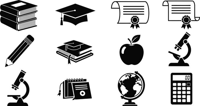 Black and white vector illustration of education-related icons including books, apple, globe, calculator, and science tools.