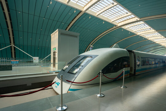 Shanghai, China - Aug 20, 2023: A maglev train at the Maglev Longyang Road Station. The Shanghai Maglev is the world's fastest commercially operating magnetic levitation train.