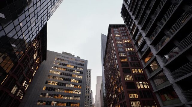 dusk city canyon glass facades looming, narrow street slit between towering modern glass and vintage brick office buildings, warm interior lights illuminating