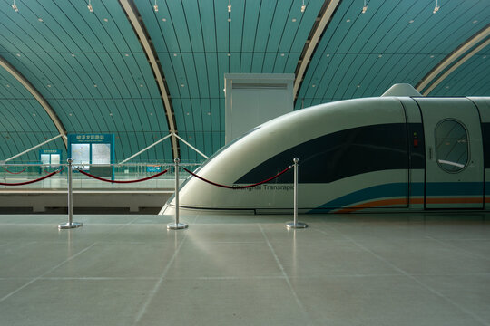 Shanghai, China - Aug 20, 2023: A maglev train at the Maglev Longyang Road Station. The Shanghai Maglev is the world's fastest commercially operating magnetic levitation train.