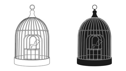 Birdcage Duo: A striking illustration presents two birdcages, one outlined in white and the other in black silhouette, each featuring a tiny bird figure within, symbolizing contrast and captivity. © Murshida