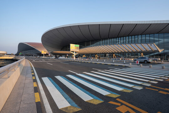 Beijing, China - Oct 8, 2023: Exterior view of the terminal building at Beijing Daxing International Airport (PKX).