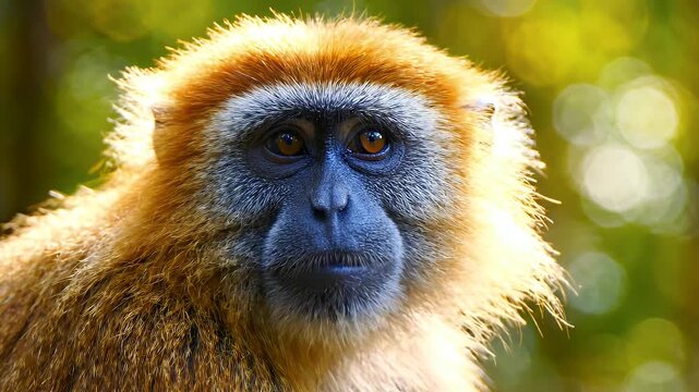 Close-up Golden Monkey Face With Blurred Green Background - A detailed close-up shot of a golden monkey's face, showcasing its furry texture and dark eyes against a softly blurred backdrop of green
