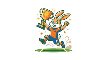 Fototapeta premium Happy cartoon rabbit mascot jumping with victory trophy