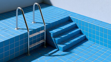 Fototapeta premium Clean modern blue-tiled swimming pool with stainless steel ladder and steps