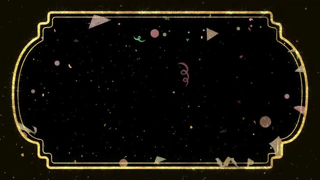 Golden frames with confetti and glitter on black background
