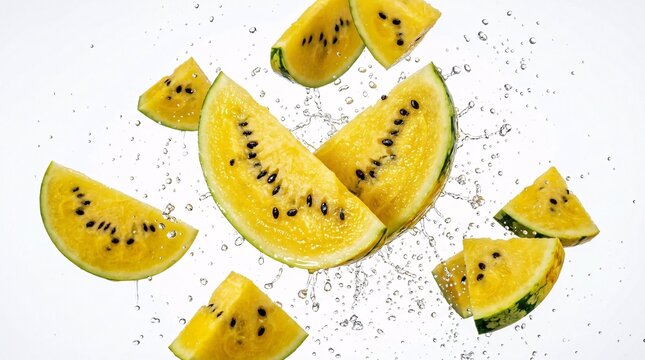Multiple floating slices of exotic yellow watermelon with dark black seeds suspended dynamically in mid-air against a pure white background.