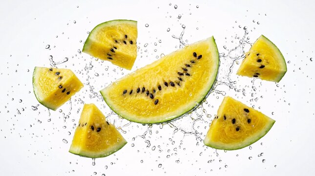 Multiple floating slices of exotic yellow watermelon with dark black seeds suspended dynamically in mid-air against a pure white background.