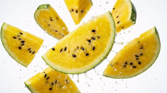 Multiple floating slices of exotic yellow watermelon with dark black seeds suspended dynamically in mid-air against a pure white background.
