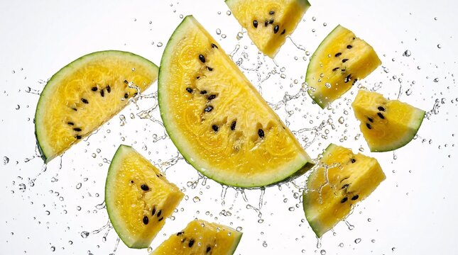 Multiple floating slices of exotic yellow watermelon with dark black seeds suspended dynamically in mid-air against a pure white background.