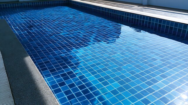 Modern outdoor swimming pool with blue tile mosaic and surrounding deck area