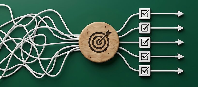 Abstract concept of achieving goals through structured planning and organized processes, visualized as tangled wires leading to a target and then to checked list items.