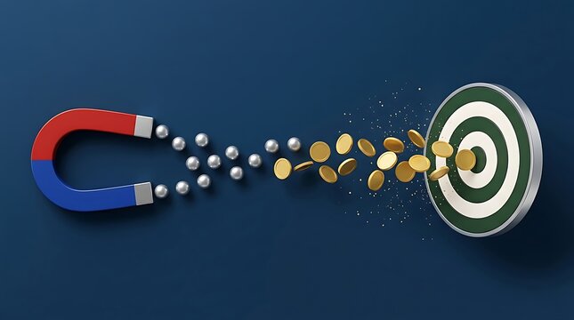 Magnet attracting gold coins towards a target board, symbolizing successful business strategy and financial gain through effective marketing and sales.