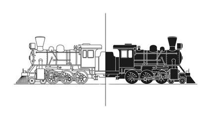 Steam Locomotive Blueprint and Silhouette: A visual representation contrasting a detailed blueprint drawing of a steam locomotive with its solid black silhouette, divided by a stark vertical line. © Murshida