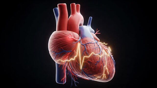 3D Human Heart Anatomy and Vascular System Illustration - A detailed 3D illustration showcases the intricate anatomy of the human heart, highlighting its vascular network and a visual representation