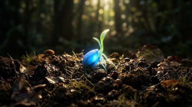 Radiant blue glowing seed sprouting from dark organic soil, illuminated by a single golden sunlight beam in a moody dark magical setting.